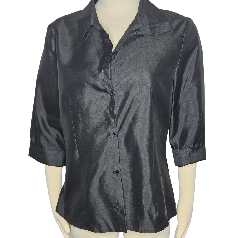 VTG‎ ICE Women's Black 100% Silk Three Quarter Sleeve Button Up Blouse Top L
